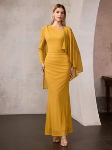 MOTF Soiréza Vestido de fiesta maxi elegante y glamoroso con mangas asimétricas y capa con volantes, detalles de volantes en la cintura, silueta entallada y cola de pez. Ideal para fiestas navideñas, Nochevieja, galas y eventos formales, bodas. - Amarillo - Ver 4