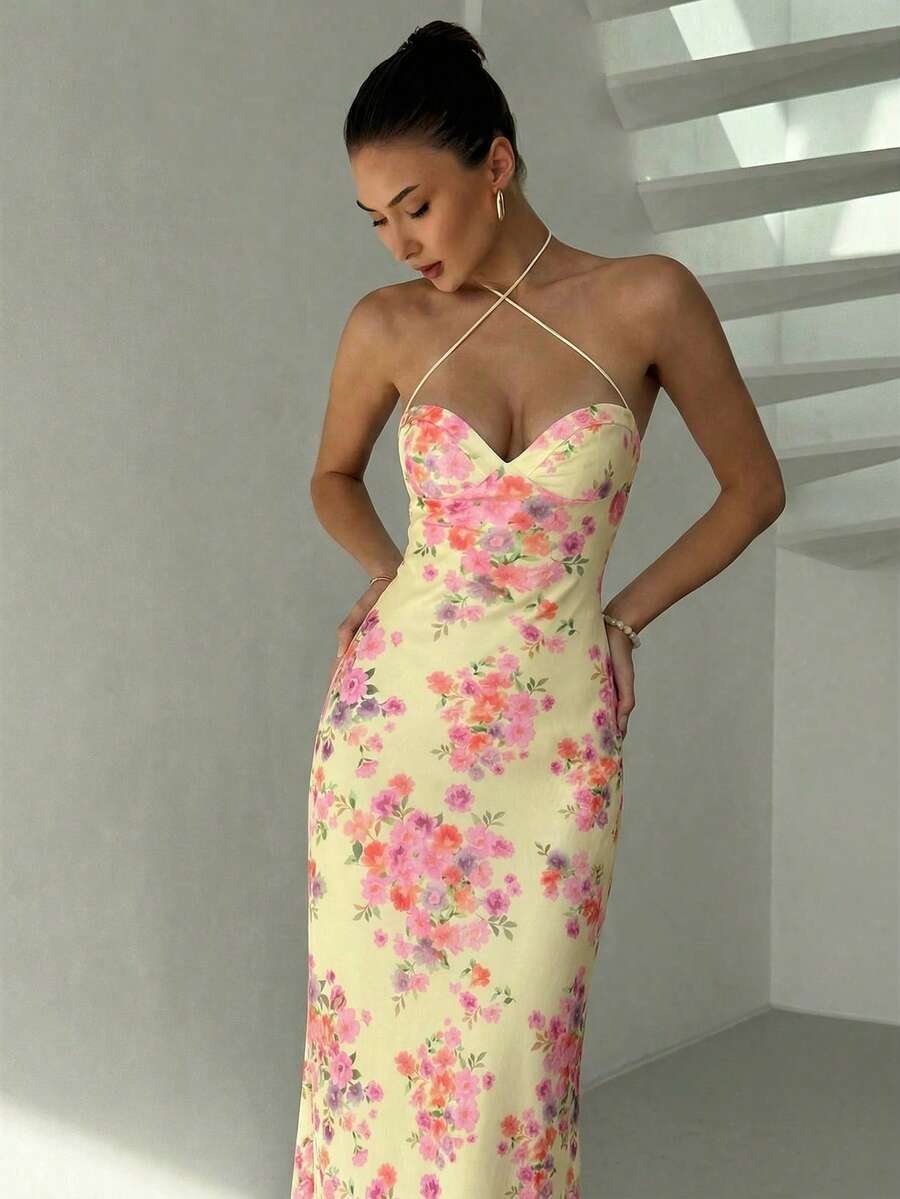 Aloruh Women's Sexy Elegant Floral Print Backless Tie Strap Fitted Dress, Vacation Style - Multicolor - View 1