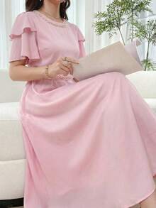 优雅珍珠装饰立领长袖双层荷叶边下摆中长连衣裙，适合派对、日常外出和轻度正式场合。 - 粉色 - 查看 1