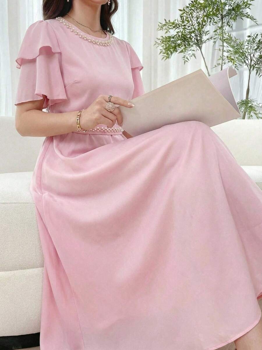 优雅珍珠装饰立领长袖双层荷叶边下摆中长连衣裙，适合派对、日常外出和轻度正式场合。 - 粉色 - 查看 1