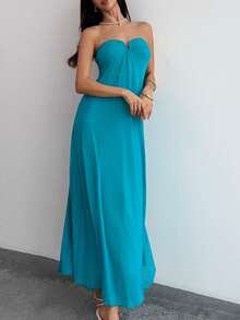 Aloruh New Romantic V-Neck Strapless Plunging Neckline Maxi Flowy Dress, Macaron Blue-Green, A-Line Silhouette, Flattering - Mint Blue - View 7