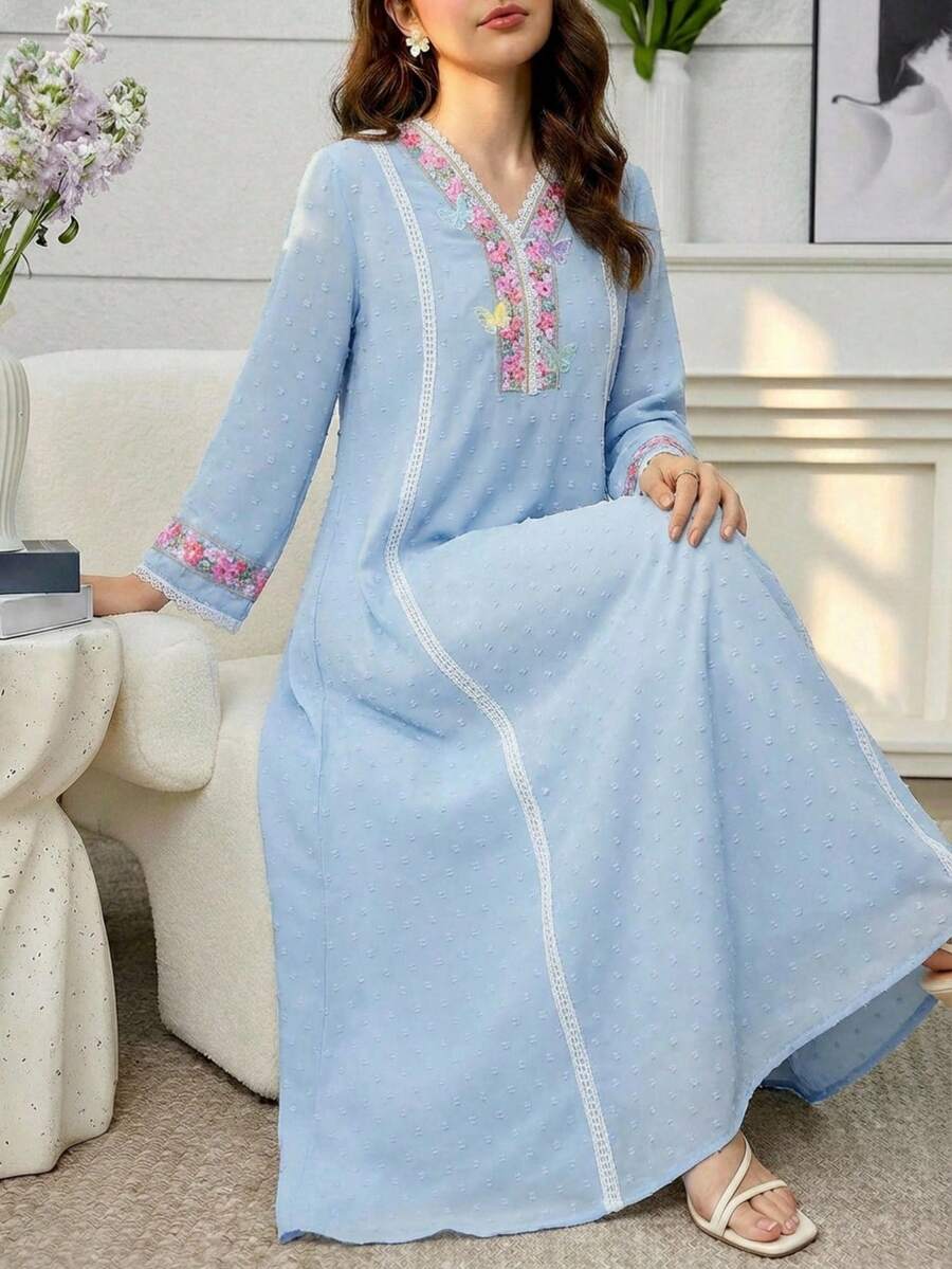 1件斋月长袍,少女蝴蝶装饰长袍,纹理面料花卉蕾丝V领长裙,荷叶边袖口设计,传统阿拉伯服饰 - 藍色 - 查看 1