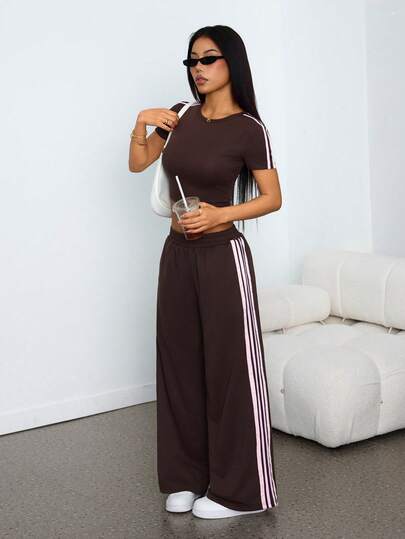 SHEIN PETITE Women's Colorblock Striped Short Sleeve Round Neck Summer Fashion Versatile Two Pieces Outfits Brown 2 Piece Set Women 2 Piece Casual Sets Woman