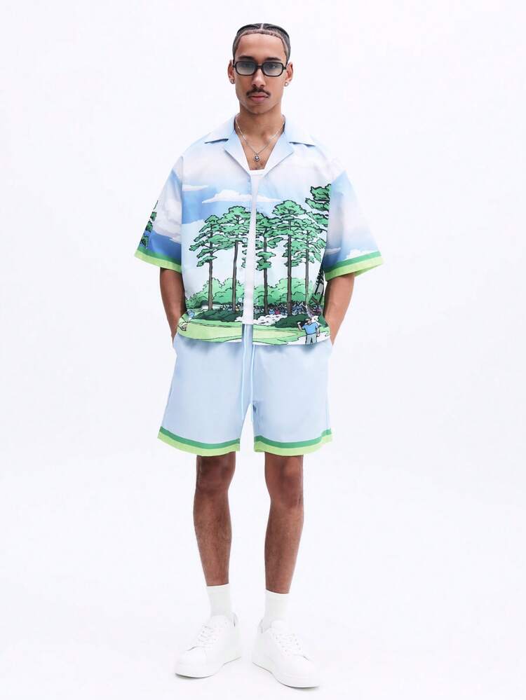 Conjunto de camisa e shorts com estampa paisagística em azul claro