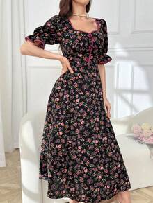 Mulvari Đầm maxi dài tay phồng họa tiết hoa dành cho nữ, phối viền tương phản, thích hợp cho buổi tối. - màu đen - Xem 6