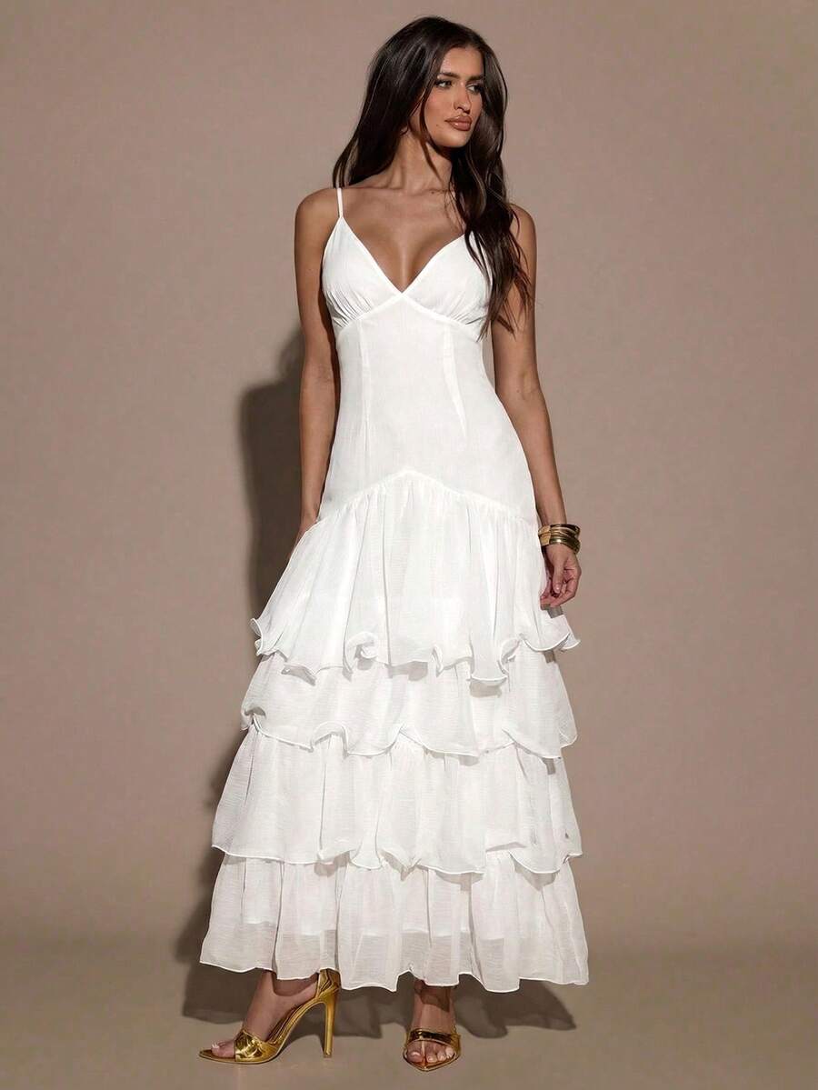 SHEIN BAE فستان إنزلاقي أنيق متعدد الطبقات بلون واحد للنساء - أبيض - مشاهدة 1