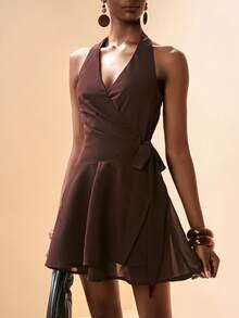 Zivah's Spring/Summer 2026 Collection Is Suitable For A Variety Of Occasions, Including Music Festivals, St. Patrick's Day, Valentine's Day, Dates, Western Themes, Nomadic Styles, Birthdays, Graduation Parties, Campus Life, Everyday Casual, Versatile Pieces, Casual Wear, Cruise Travel, Beachwear, Sunbathing, Streetwear, Wedding Guests, Bohemian Style, Commuting, Brunch, Airport Wear, Parties, Holiday Travel, Office Wear, And Resort Wear. This Dark Brown Chiffon Casual V-Neck Backless Side-Tie Loose-Fitting Mini Dress Is A Women's Summer Dress. - Brown - View 11