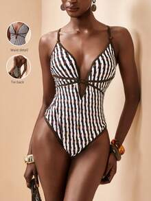 Zivah 2026 Spring/Summer Vacation Beach Striped Print Tie-Front Backless One-Piece Swimsuit - Brown - View 8