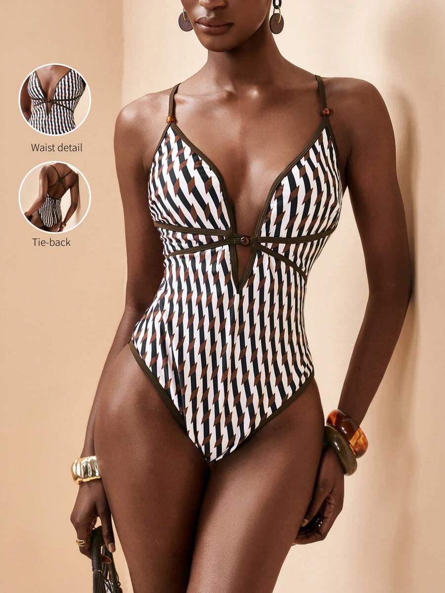 Zivah 2026春夏度假沙滩条纹印花系带露背连体泳衣 - 棕色 - 查看 1