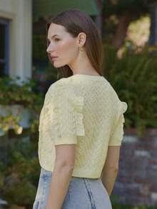 WESTFADE Pale Yellow Autumn Elegant Everyday Crewneck Mixed Cable Knit Short Sleeve Ruffle Cropped Cardigan,Boho Resort Summer Vacation Beach Festival Women's - White - View 6