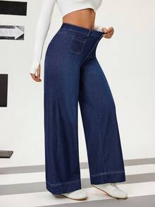 Flexra Women's Casual Daily Commute Versatile Patchwork Pocket Loose Wide-Leg Jeans - Medium Wash - View 6