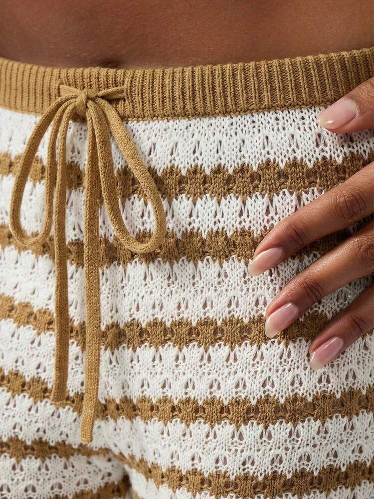 MISSGUIDED Crochet Horizontal Striped Wide Leg Knit Pants With Drawstring Waist For Casual Lounge Beach Vacation Fall Winter