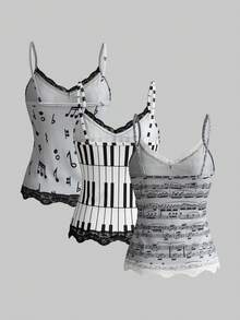 ROMWE Bộ 3 món áo hai dây ôm sát người, viền ren, in hình nốt nhạc và bàn phím piano phong cách Y2K cổ điển. - Nhiều màu - Xem 2
