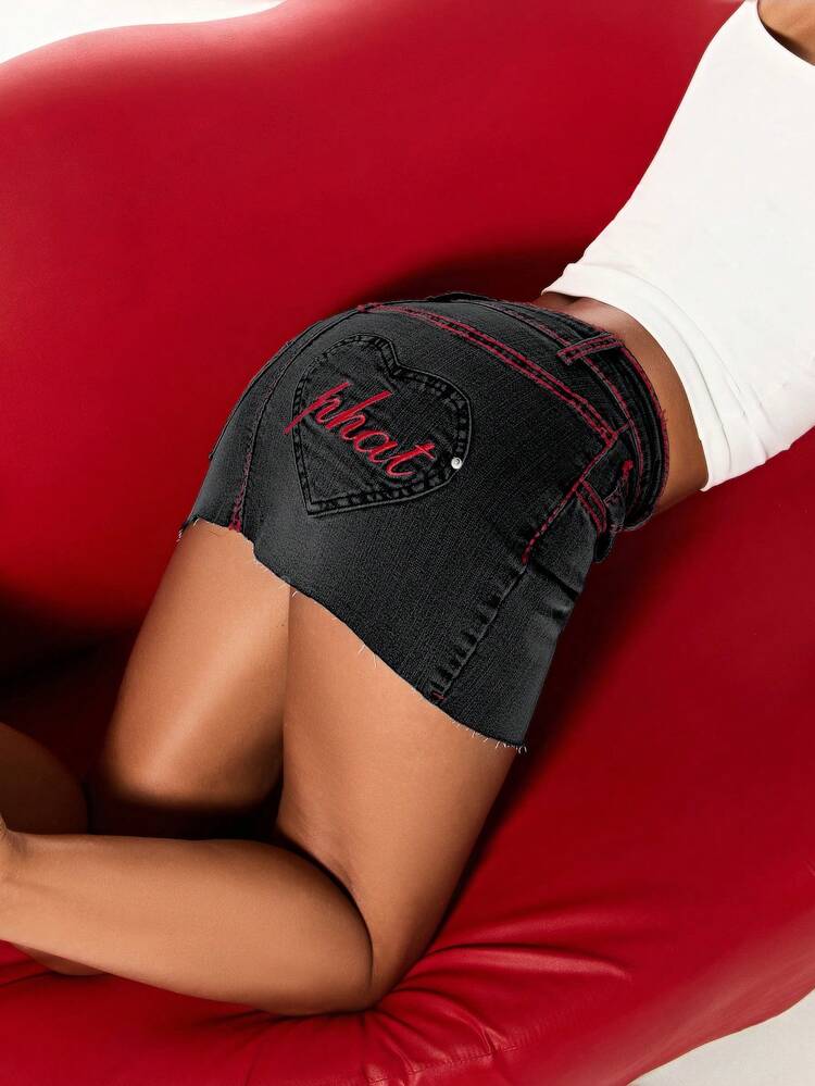 BABYPHAT Damska mini spódniczka jeansowa z kieszeniami w kształcie serca, czarna, jeansowa, haftowana, swobodna, uliczna