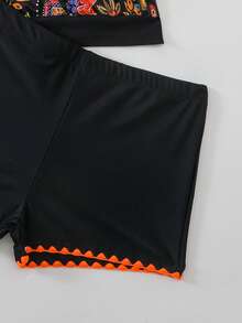2026Swim Lushoire Ensemble 2 pièces, Top de bikini camisole ample et élégant noir vintage avec motif cachemire contrasté par une bordure orange vif, Bas culotte avec bordure vive. Hauts d'été pour femmes en vacances. Maillot de bain Tankini avec contrôle du ventre, style bohème - Multicolore - Voir 7