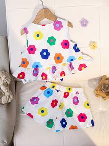 SHEIN 两件套少女碎花V领休闲背心和短裤套装 - 彩色 - 查看 2