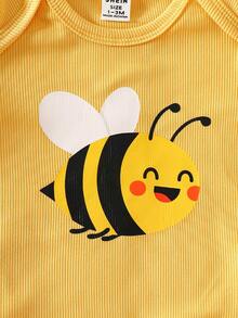 SHEIN Bộ áo liền quần tay ngắn in hình hoạt hình chữ cái cho bé gái sơ sinh mùa hè, màu trắng mơ và nâu, bộ ba món quà tặng đơn giản cho gia đình. - Màu vàng - Xem 7
