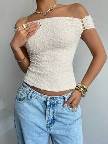 Valentine Women's Textured Off Shoulder Fitted Fashion T-Shirt Women Tops Elegant - Apricot - View 5