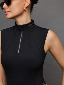 Activina Women's Solid Color Stand Collar Zipper Half Placket Casual Equestrian Top Equestrian Clothing Women's Equestrian Active Wear For Women Sleeveless Tops For Women - Black - View 6