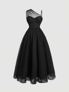 SHEIN MOD Vestido sencillo de talla grande con unicolor, empalme de tela de malla, sin mangas y con volantes - Negro - Ver 1