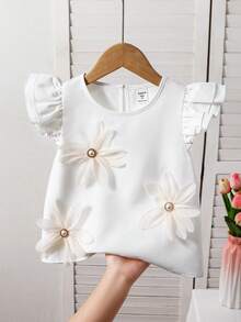 SHEIN 女童纯色圆领荷叶边花卉休闲衬衫 - 米色 - 查看 6