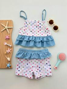 Dazy Kids Bộ đồ bơi 2 mảnh in hình trái tim, viền bèo nhún dành cho bé gái - Màu xanh lam - Xem 3
