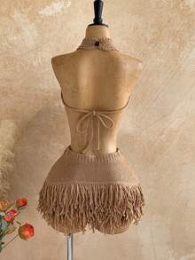 Soleia Fringe Knit Micro Mini Skirt Low Rise Sexy Holiday Ibiza Rave Boho Vacation Escapade Fall Night Out Autumn Winter Techno - Khaki - View 2