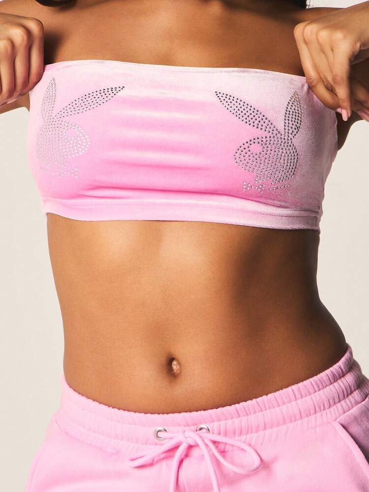 Missguided x Playboy Velour Strapless Bandeau Top With Hotfix Embellishment Details Rhinestone Studded Tube Style Fashion Crop Top For Women Party Clubwear