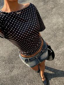 Muchica 黑色底白色波点女士修身短袖T恤 - 黑色 - 查看 6