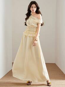 Heiryn Women's Solid Color Asymmetric Shoulder Ruched Waist Top And Skirt Elegant 2 Pieces Set,Vacation Outfits Women Vacation Pale Yellow Summer - Light Yellow - View 6