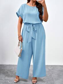 SHEIN Clasi Plus Size Elegant Round Neck Jumpsuit With Waist Belt And Wide Leg - Baby Blue - View 3