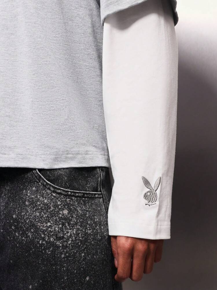 PLAYBOY X SUMWON Layered Crew Neck Short Sleeve Jersey Cotton Tee With Long Sleeve Underlayer Casual Streetwear Essential For Men