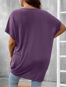 SHEIN LUNE Blusa feminina plus size casual de cor sólida com manga morcego, blusa feminina plus size casual de verão, blusa feminina plus size. - Roxo Lilás - Ver 2