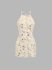 Glamine Glänsande sexig rygglös paljett-off-shoulder miniklänning, lämplig för bröllopsgäster, tillbaka till skolan, elegant damklänning, sexig klänning, festklänning, höst, aftonklänning, bröllopsgästklänning, romantisk klänning, höst-/vinterkläder, födelsedagsklänning, festklänning, elegant klänning, romantisk klänning, höstkläder, countrymusikfestivaloutfit, bröllopsgäst - Aprikos - Visa 5