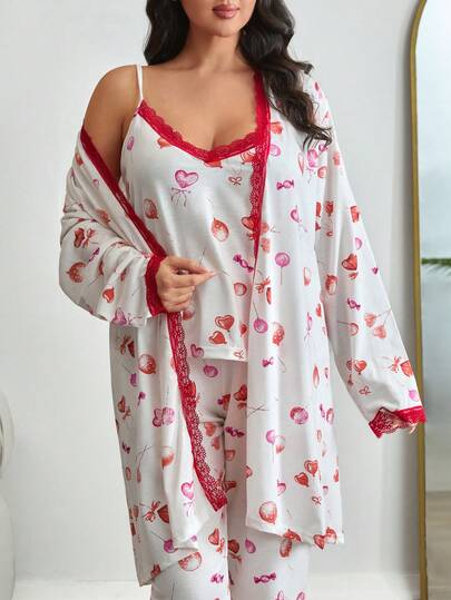 EURMUSE COTTON PLUS SIZE WOMEN 3pcs Contrast Colour Lace Detail Sleevless&Robe&Pants Homewear Comfort Pajama Set 3 Piece Pajama Set Comfy Pajamas Set Sleepwear Women Set Homewear Women Curve Pajamas Set Cherry Pajama Set Plus Size Sleepwear Set Pajamas Gown For Woman Plus Size Pajamas Set