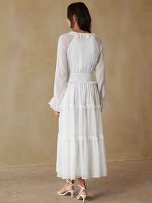 Revavyn Fashionable Layered Ruffle Collar White Bell Sleeve Dress, Palace Style - White - View 2