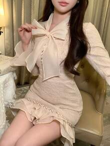 DAZY 春夏网纱荷叶边拼接休闲办公装格纹鸡尾酒会婚礼宾客连衣裙，优雅修身喇叭下摆中长连衣裙，女士吊带裙 - 米色 - 查看 5