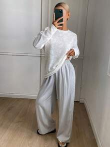 DAZY Jacquard Fabric Loose Top And Lightweight Pants Women Pajama Set - White - View 5