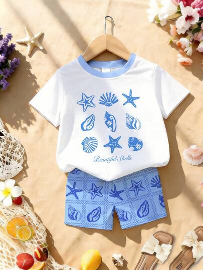 1 Set Girls Toddler Summer Fresh Blue & White Contrast Color Ocean Style Shell & Starfish Print Short Sleeve T-Shirt And Shorts Set, Suitable For Beach Vacation, Seaside Play, Casual Daily Wear