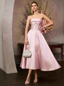 MOTF PREMIUM ELEGANT STRAPLESS ANKLE-LENGTH A-LINE SATIN PARTY DRESS WITH FLORAL RHINESTONE, CINCHED WAIST, CRISSCROSS BACK STRAPS – ELEGANT LUXURIOUS STYLE IDEAL FOR WEDDINGS, GALA DINNERS, AWARD CEREMONIES, CELEBRATIONS - Pink - View 7