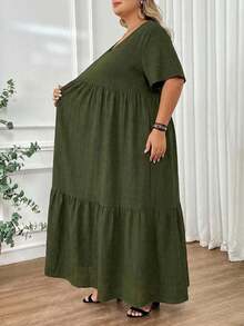 SHEIN CURVE+ Váy Maxi Đi Biển Cỡ Lớn Phong Cách Boho Mùa Hè/Đồng Quê/Trang Phục Kỳ Nghỉ Biển/Trang Phục Bãi Biển/Trang Phục Bãi Biển - Màu xanh lá cây đậm - Xem 3