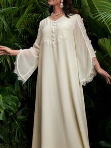 Al Najma 浪漫优雅玉米黄V领蕾丝不对称长袖喇叭裙摆连衣裙 - 黃色 - 查看 2