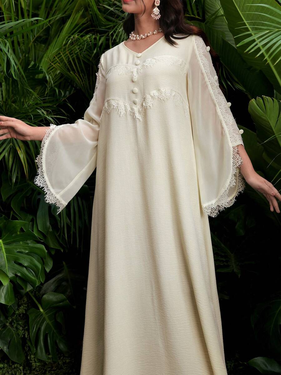 Al Najma 浪漫优雅玉米黄V领蕾丝不对称长袖喇叭裙摆连衣裙