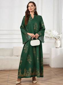 Al Najma 女士V领金属色休闲连衣裙，适合派对、日常穿着和外出活动 - 墨綠色 - 查看 4