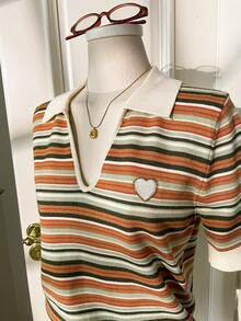 Muvela Vintage mehrfarbig gestreifter Polokragen Herz Dekor Damen Strickpullover, 2 Stücke Set, Retro College Stil Y2K Millennium Ästhetik, geeignet für Lässig, Büro, Sommerurlaub, Strand, Date, Party, Frühling, Valentinstag, Abschluss, Schulanfang, vielseitig, modisch - Verschiedenfarbig - Übersicht 10