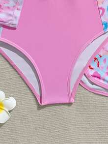 SHEIN New Fashion Girls Patchwork Print Swimsuit Set - Pink - View 5