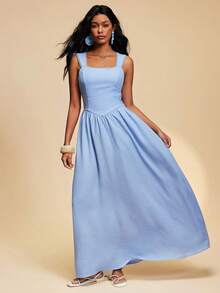 Travachic Đầm nữ trơn màu, dây đeo rộng, không tay, kiểu dáng thường ngày, trang phục đi nghỉ xuân hè, đầm thanh lịch dự tiệc, trang phục đi nghỉ mát cho nữ, đầm dự tiệc cưới, đầm thanh lịch cho nữ, đầm xanh, đầm hè, đầm đi biển. - Màu xanh lam - Xem 4