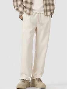 Manfinity Roghcode Men's Drawstring Waist Pockets Wide Leg Pants,Off-White Autumn Casual Dress Straight Loose Baggy Joggers,Versatile Commuting Streetwear Sweatpants - Apricot - View 1