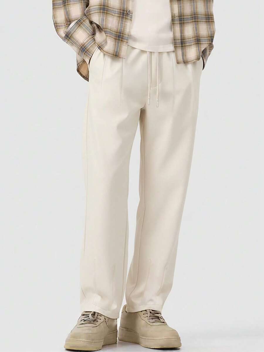 Manfinity Roghcode Men's Drawstring Waist Pockets Wide Leg Pants,Off-White Autumn Casual Dress Straight Loose Baggy Joggers,Versatile Commuting Streetwear Sweatpants - Apricot - View 1