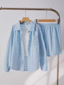 SHEIN This Set Consists Of Three Items: A Long-Sleeved Knitted Patterned Shirt With A Turn-Down Collar And Button-Up Front, A White, Fitted Short-Strap Vest, And Knitted Patterned Shorts With Elastic Waists. This Three Pieces Set Is Ideal For Girls To Wear In Their Daily Casual Life Or During Vacations In The Summer. - Blue - View 4
